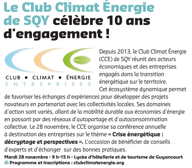Coupure de presse issu du SQY Mag n°93 intitulé "Le Club Climat Energie de SQY célèbre 10 ans d'engagement"